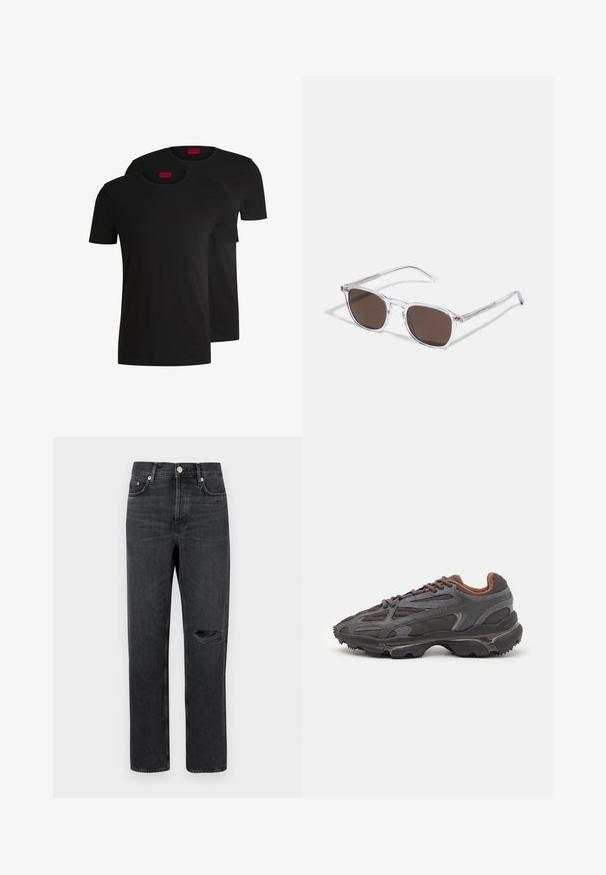 Divas melnas kokvilnas t-krekli ar īsām piedurknēm un apkakli. Abiem ir sarkans zīmola uzlīmējums pie apkakles. Vienkāršs, klasisks dizains.; Melni denimi džinsi ar taisnu kāju, ar saplēstu ceļgalu, piecu kabatu dizainu un metāla aksesuāriem jostasvietā un kabatās.; Lacoste kedas tumši pelēkā krāsā ar acu audumu un sintētisko materiālu, ar teksturētu zoli un brūniem akcentiem apkaklītē un zīmola uzrakstā.; Skaidras plastmasas saulesbrilles ar taisnstūra formas brūnajiem objekīviem, ar plānām, caurspīdīgām kājām un metāla akcentiem uz tempļiem.