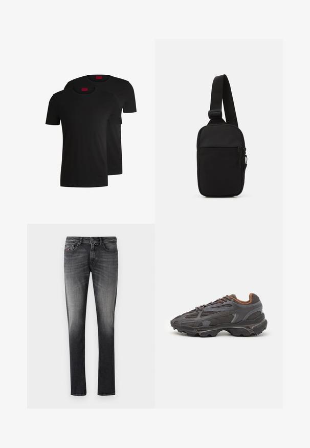 Duas t-shirts de algodão pretas com mangas curtas e decote redondo. Ambas apresentam um rótulo de marca vermelho na gola. Design simples e clássico.; Jeans de ganga cinza escuro com um gradiente que desbota para um cinza mais claro. Apresenta um design clássico de cinco bolsas e fecho frontal com botão. Textura suave.; Ténis Lacoste em cinza-escuro com material em malha e sintético, apresentando uma sola texturizada e detalhes castanhos na gola e na marca.; Bolsa de ombro preta feita de tecido durável, apresentando uma única alça ajustável, um compartimento principal com fecho de correr e um bolso frontal.