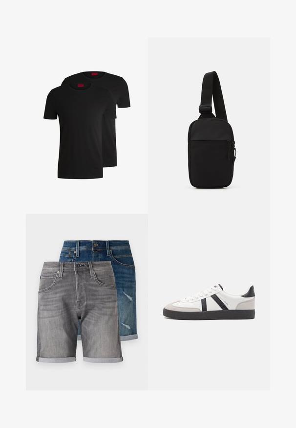 Dvoje černých bavlněných triček s krátkým rukávem a kulatým výstřihem. Obě mají červenou značkovou nášivku na výstřihu. Jednoduchý, klasický design.; Denimové šortky ve tmavě modré a šedé barvě. Mezi vlastnosti patří ohrnuté lemy, kapsy a na modrých šortkách vybledlá textura s odřenými detaily.; Bílé tenisky s černými a šedými akcenty, opatřené texturovaným šedým prstovým krytem, černou gumovou podrážkou a plochými bílými tkaničkami. Čistý design, minimalistický styl.; Černá crossbody taška vyrobená z odolné tkaniny, s jedním nastavitelným popruhem, zapínacím hlavním oddělením a přední kapsou.
