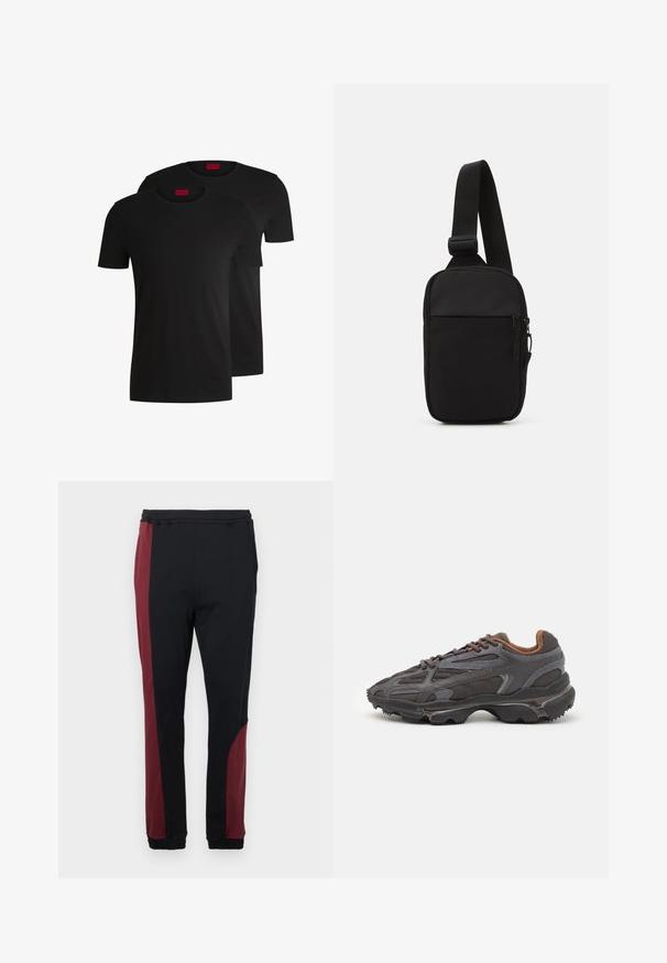 Two black cotton t-shirts with short sleeves and crew necks. Both feature a red brand label at the neckline. Simple, classic design.; Black joggers featuring a burgundy side panel, elastic waistband, and cuffs. Made from a smooth, stretchable fabric for comfort.; Lacoste sneakers in dark gray with mesh and synthetic material, featuring a textured sole and brown accents on the collar and branding.; Black crossbody bag made of durable fabric, featuring a single adjustable strap, a zippered main compartment, and a front pocket.