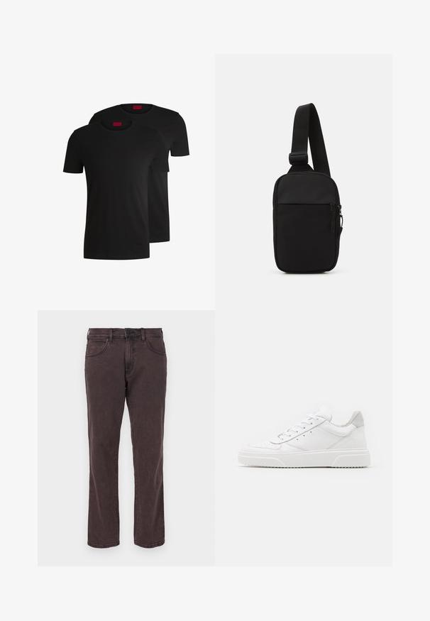 Kaks musta puuvillast lühikeste varrukatega t-särki, millel on ümmargune kaelus. Mõlemal on kaeluse juures punane brändimärk. Lihtne ja klassikaline disain.; Tumed pruunist denimist teksad sirge säärejätkega, ees taskute, nööpsulgemise ja peente õmblusdetailidega.; Valged nahast spordijalatsid siledast nahast viimistlusega, ümarate varvastega, lamekestega ja tekstuuriga tallaga. Hall suede aktsent kanna juures.; Mustmust crossbody kott mustekangast, millel on üks reguleeritav rihm, lukuga põhiosas ja eesmine tasku.