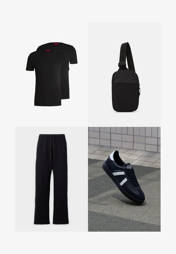 Zwei schwarze Baumwoll-T-Shirts mit kurzen Ärmeln und Rundhalsausschnitten. Beide haben ein rotes Markenlabel am Hals. Einfaches, klassisches Design.; Schwarze Jogginghosen mit geradem Bein-Design, ausgestattet mit einem elastischen Bund und Kordelzug zur Anpassung. Weicher, strukturierter Stoff.; Schwarze Leder-Sneaker mit weißen Streifen, strukturiertem Gummisohle und Schnürung. Verfügt über ein Markenetikett auf der Zunge.; Schwarze Umhängetasche aus robustem Gewebe, mit einem verstellbaren Tragegurt, einem Reißverschluss-Hauptfach und einer Fronttasche.