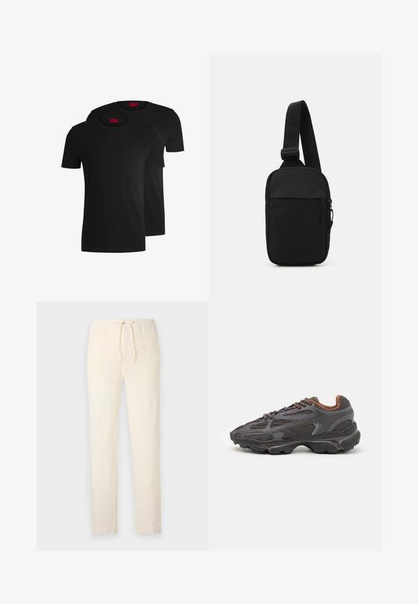 Dwie czarne bawełniane koszulki z krótkim rękawem i okrągłym dekoltem. Obie mają czerwoną metkę marki przy dekolcie. Prosty, klasyczny design.; 120% Lino - Spodnie materiałowe; Sneakers Lacoste w ciemnoszarym kolorze, wykonane z siateczki i materiału syntetycznego, z teksturowaną podeszwą oraz brązowymi akcentami na kołnierzu i logotypie.; Czarna torba na ramię wykonana z wytrzymałego materiału, z jedną regulowaną rączką, zasuwaną główną komorą oraz kieszenią z przodu.