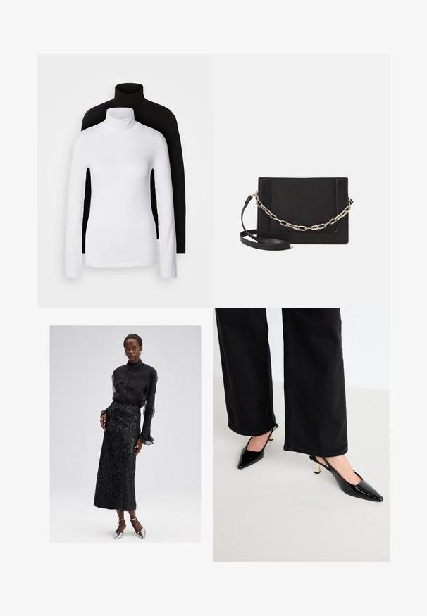Dvě dlouhé rolákové topy, jeden bílý a jeden černý, vyrobené z hladkého, elastického materiálu, oba s přiléhavým střihem a vysokými límci.; Černá košile s knoflíky a průhlednými rukávy, v kombinaci s černou midi sukní s flitry a stříbrnými lodičkami na vysokém podpatku. Elegantní a texturovaný design.; Simmi London JUNE - Klasické lodičky - black; Černá kožená crossbody taška s hladkým povrchem, obdélníkovým tvarem a kovovým řetízkem na přední straně. Součástí je nastavitelný popruh.