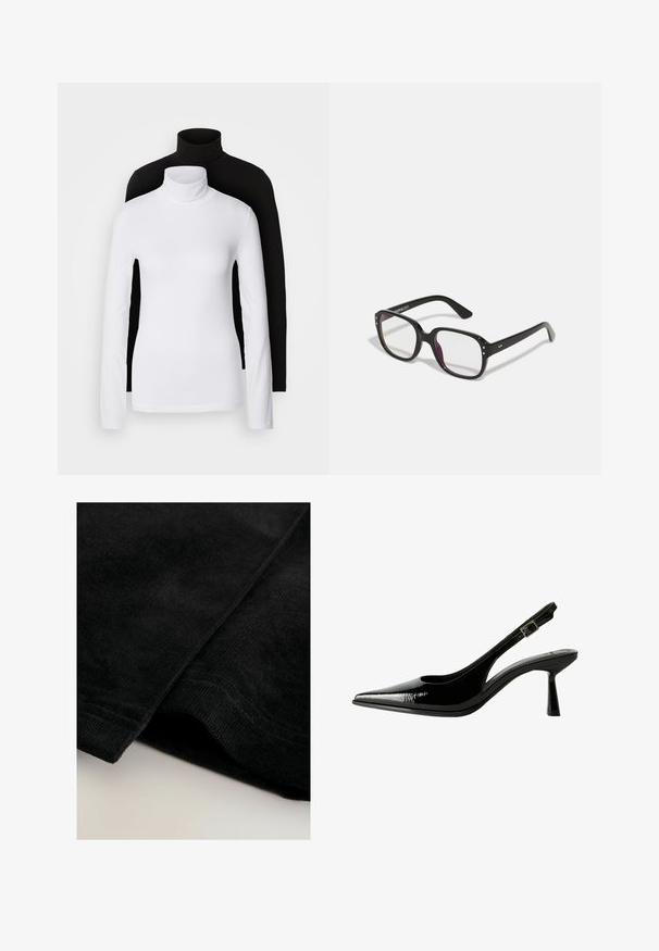 Kaksi pitkähihasta turtleneck-paitaa, yksi valkoinen ja yksi musta, valmistettu sileästä, joustavasta kankaasta. Molemmissa on kapean muotoinen malli ja korkea kaulus.; Mustaa corduroy-kangasta, jossa on pehmeä, tekstuuri pinta, näkyvillä urilla ja siististi viimeistellyillä reunoilla.; Musta lakattu nahkasaapas, jossa on teräväkärkinen malli, leikattuja sivuja, säädettävä nilkkain ja ohut, virtaviivainen korko.; Mustat suorakulmaiset lasit kirkkailla linsseillä, pyöristettyjen reunojen ja sivu-akseleiden kanssa, kiiltävällä viimeistelyllä kehykset ja varsissa.; Punokas nahkainen olkalaukku, jossa on kaareva muotoilu, sileä pinta ja vetoketjuluukku. Laukussa on ohut kantohihna.