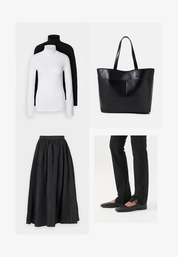 Två långärmade polotröjor, en vit och en svart, tillverkade av ett mjukt, elastiskt material, båda med en slim-fit design och höga kragar.; Svart maxi-kjol i mjukt tyg, med en rynkad midja och en flödande, full silhuett med en subtil lyster.; Svarta läderballetskor med spetsig tå, rem med silverspänne, kombinerade med svarta skräddarsydda byxor med slitsar i fållen.; Svart läder tote-väska med två långa handtag, en slät yta och en strukturerad form. Har en framficka för extra förvaring.; Silverfärgade hängande örhängen med en slät, blänkande yta. Rundad form, lätt design, med ett stift- och bakstängning.