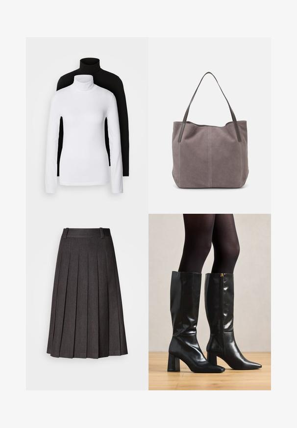 Dva dolge rokave turtleneck majice, ena bela in ena črna, izdelani iz gladkega, raztegljivega materiala, oba imata slim-fit kroj in visoke ovratnike.; Siva plisirana krila z ravnim pasom, midi dolžine, z gladko teksturo, ki vsebuje ostra, enakomerno razporejena pliskanja po vsej površini.; Črne usnjene škornje do kolen z sijočo površino, špičastim nosom in debelejšim peto. Detajl z božnim zadrgo za enostavno obuvanje.; Siva semiš torba z dvema temnima usnjenima ročajema. Ima šivane detajle na straneh, mehak tekstur in prostoren odprtina.