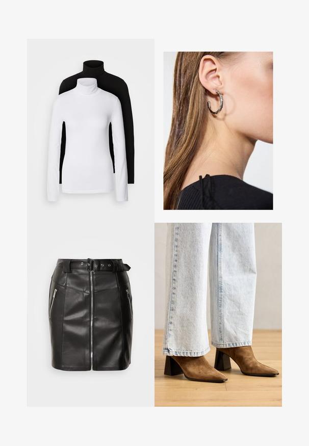 To sæt langærmede turtleneck toppe, en hvid og en sort, lavet af et glat, strækbart stof, begge med slim-fit design og høje kraver.; Sort læderminiskørt med et tætsiddende design, der har en frontlynlås, to sidelommer og et bælte med spænde. Glat tekstur.; Brune ruskindsankelstøvler med spids tå, blokhæle og en glat overflade, parret med lyseblå vide jeans.; Sølv hoop ørestik med en poleret overflade, prydet med små guld accenter og en rund form, båret på øreflippen.