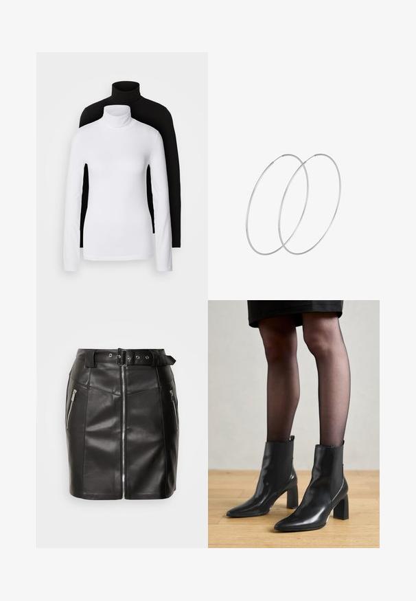 To sæt langærmede turtleneck toppe, en hvid og en sort, lavet af et glat, strækbart stof, begge med slim-fit design og høje kraver.; Sort læderminiskørt med et tætsiddende design, der har en frontlynlås, to sidelommer og et bælte med spænde. Glat tekstur.; Sorte læderankelstøvler med spids tå, kraftig firkantet hæl og slankt design. Har elastiske sidepaneler for nem påtagning.; Sølvøreringe med et minimalistisk design. Cirkulær form, glat tekstur og tynd profil. Letvægtige med en poleret overflade.
