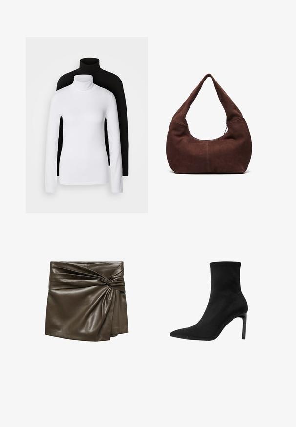Due maglie a manica lunga con collo alto, una bianca e una nera, realizzate in un tessuto morbido e elasticizzato, entrambe con un design aderente e colli alti.; Mango CAIRO - Shorts - khaki; Stivale alla caviglia nero in suede liscio, con punta appuntita e alto tacco a stiletto. Design elegante e minimalista senza decorazioni.; Borsa hobo in suede marrone con una maniglia curva e larga e un'ampia apertura. Tessuto morbido con dettagli di cucitura visibili lungo i bordi.