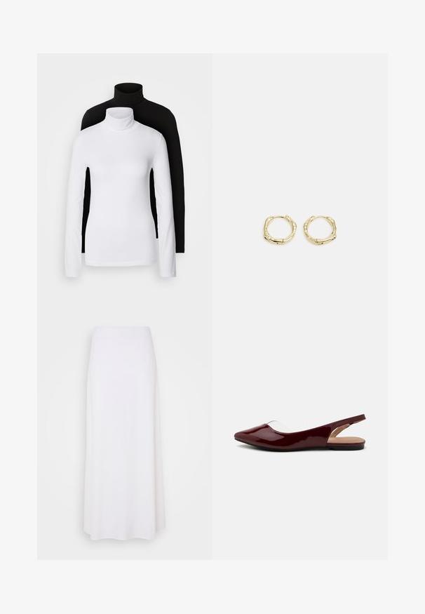 Divi garām piedurknēm turtleneck lielumi, viens balts un otrs melns, izgatavoti no gludas, stiepjamas auduma, abiem ar pieguļošu formu un augstajiem apkaklēm.; Balta maksi svārku izgatavota no viegla auduma ar gludu tekstūru, ar vienkāršu, A-formas dizainu un bez redzamām rotājumiem.; Burgundijas laku siksniņu plakanās kurpes ar norādītu purngalu, caurspīdīgu izgriezumu un plakanu melnu zoli. Gluda tekstūra, minimālisma dizains.; Zelta riņķveida auskari ar tekstūru un neregulāru formu. Iekļauj bezšuvju aizdari un pulētu virsmas apdari, uzsverot mūsdienīgu dizainu.