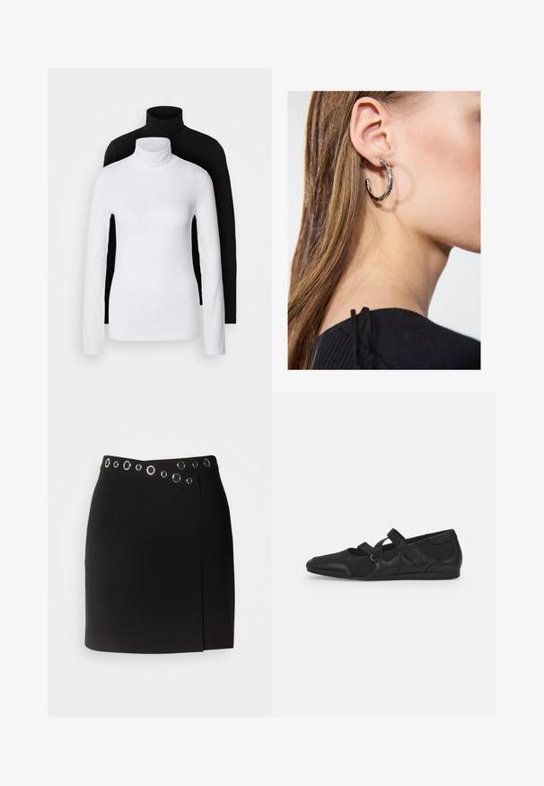 Deux tops à manches longues en col roulé, l'un blanc et l'autre noir, fabriqués dans un tissu lisse et extensible, tous deux dotés d'une coupe ajustée et de cols hauts.; Morgan JILLY - Jupe portefeuille - noir; Chaussures plates noires avec un dessus texturé doux, comportant deux brides réglables et une conception à bout rond, montées sur une semelle en caoutchouc plate.; Boucle d'oreille en argent avec une finition polie, présentant de petits détails en or et de forme ronde, portée sur le lobe.