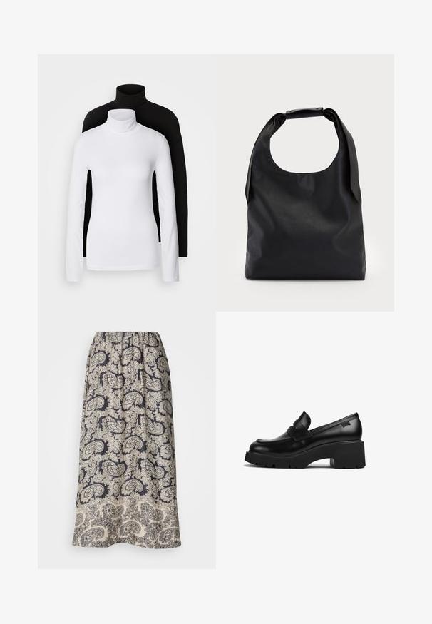 Kaksi pitkähihasta turtleneck-paitaa, yksi valkoinen ja yksi musta, valmistettu sileästä, joustavasta kankaasta. Molemmissa on kapean muotoinen malli ja korkea kaulus.; Valoisa, elastisella vyötäröllä varustettu hame, jossa on tummansininen pohja ja monimutkaisia beigejä paisley-kuvioita sekä kukkakoristeita. Pehmeä kangas, jolla on sileä pinta.; Musta nahkakengät, joissa on paksut korot ja paksu pohja, sekä nauhaysitys päällä, esitetty sivuprofiilista valkoista taustaa vasten.; Musta nahkainen hobo-laukku, jossa on yksi pehmeä, pyöreä kahva; ominaisuuksina sileä pinta ja minimalistinen muotoilu. Ei näkyvää metalliosaa tai koristeita.; Kultaiset renkaat, joissa on teksturoitu, epäsäännöllinen muoto. Varustettu saumattomalla suljinnalla ja kiillotetulla pinnalla, mikä korostaa modernia muotoilua.