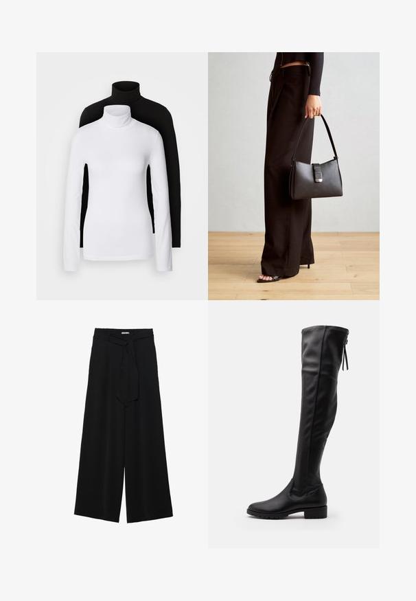 Două bluze cu mânecă lungă și guler înalt, una albă și una neagră, realizate dintr-un material neted și elastic, ambele având un design slim-fit.; Pantaloni largi negri dintr-un material texturat, cu un tiv elastic și o panglică detașabilă la talie pentru un fit ajustabil.; Cizme din piele neagră, până la genunchi, cu o textură netedă, vârf rotund și talpă din cauciuc. Prezintă un design ajustat și un detaliu cu legătură în spate.; Genți negre cu o formă structurată, textură netedă și un închizător metalic. Asortată cu pantaloni negri largi și sandale cu vârf deschis pe un podea din lemn.