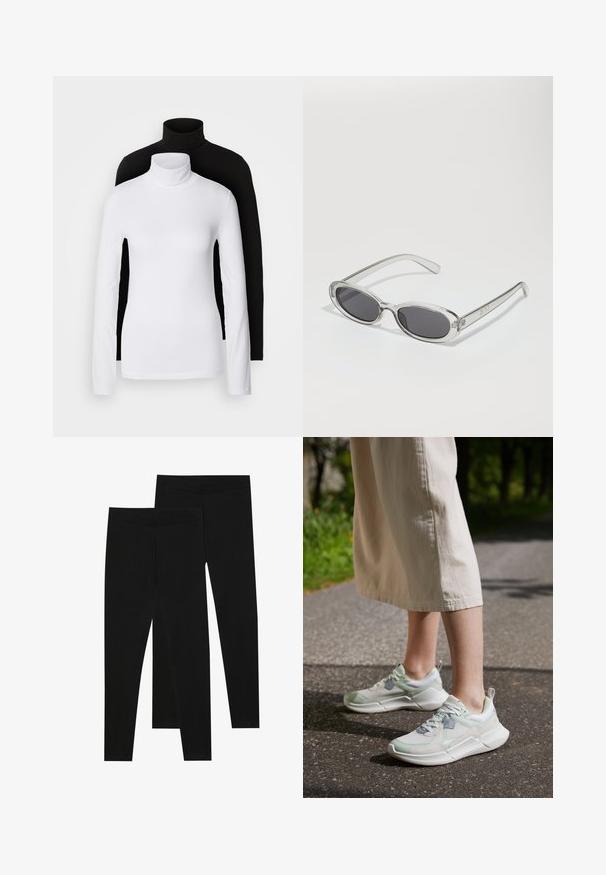 Due maglie a manica lunga con collo alto, una bianca e una nera, realizzate in un tessuto morbido e elasticizzato, entrambe con un design aderente e colli alti.; Leggings neri realizzati in tessuto elastico, con una vita senza cuciture e un design slim fit, adatti per l'abbigliamento casual o per l'esercizio.; Scarpe da ginnastica leggere con tomaia in mesh di colore verde chiaro e bianco, con accenti grigi e una suola spessa bianca.; Occhiali da sole con forma ovale, montatura in plastica trasparente, lenti grigie scure e aste sottili trasparenti con accenti di logo e dettagli minimi.