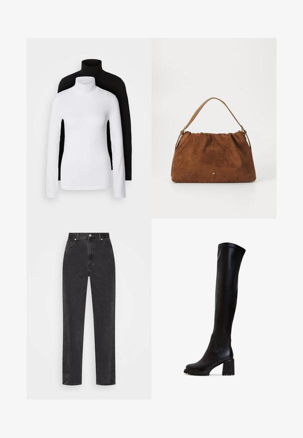Deux tops à manches longues en col roulé, l'un blanc et l'autre noir, fabriqués dans un tissu lisse et extensible, tous deux dotés d'une coupe ajustée et de cols hauts.; Jeans en denim noir à jambe droite avec taille haute, bouton et fermeture éclair à l'avant, et style cinq poches sur fond blanc.; Bottes en cuir noires, montant jusqu'au genou, avec un talon épais, une texture lisse et un bout rond ; présentent des détails de couture visibles sur le dessus.; Sac à main en daim marron avec un design plissé, arborant une seule sangle en cuir beige et un discret logo doré à l'avant.