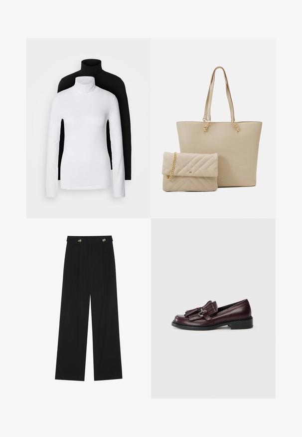 Dvoje dlhých rolákov, jeden biely a jeden čierny, vyrobených z hladkej, elastickej tkaniny, obidva so slim-fit strihom a vysokými goliermi.; Čierne široké nohavice s vysokým pásom, so zapínaním na gombíky na páse a prednými sklady.; Bordové kožené mokasíny s friganým akcentom, zaoblenou špičkou a nízkym pevným čiernym podpätkom. Detaľné prešívanie pozdĺž podrážky.; Bežová taška na plece s plochými uchami, hladkým povrchom a zlatými kovovými detailami, doplnená zladenou prešívanou kabelkou s reťazovou rukoväťou.