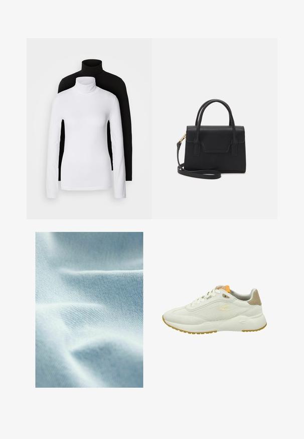 Two long-sleeve turtleneck tops, one white and one black, made of a smooth, stretchy fabric, both featuring slim-fitting design and high collars.; Light blue fabric with a smooth texture and fine diagonal weave, showing soft folds and subtle variations in shade.; camel active Trainers - offwhite; Black structured handbag made of leather with a top handle, detachable shoulder strap, and a front flap detail. Gold hardware accents.