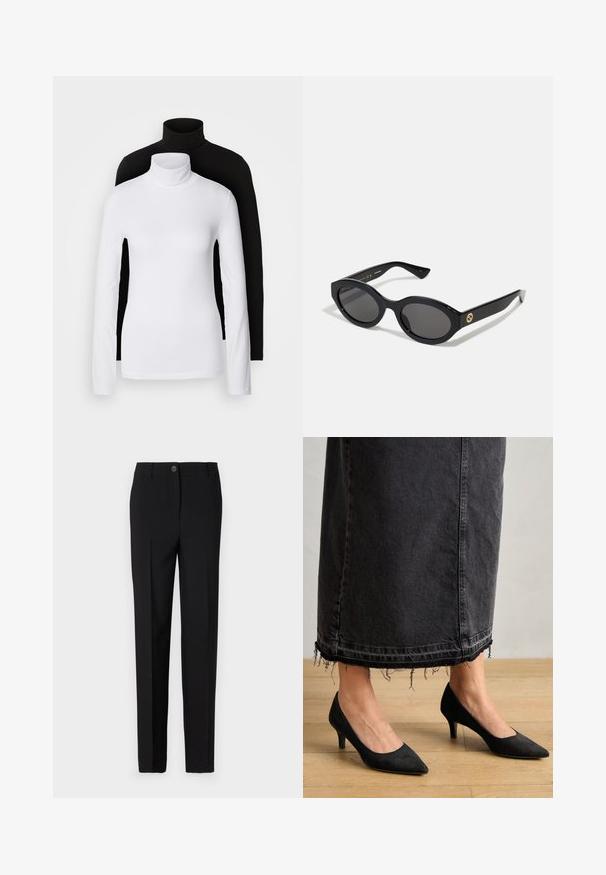 Zwei langärmelige Rollkragenoberteile, eines weiß und eines schwarz, aus einem glatten, dehnbaren Stoff, beide mit schmalem Schnitt und hohem Kragen.; Schwarze, maßgeschneiderte Hose mit geradem Bein, ausgestattet mit einem Knopfverschluss und Gürtelschlaufen, aus glattem Stoff gefertigt.; Schwarze Wildleder-Pumps mit spitzer Zehe und 7,5 cm Absatz, kombiniert mit einem langen, dunklen Jeansrock mit fransigen Saumdetails.; Schwarze ovale Sonnenbrille mit dunklen Gläsern und glänzendem Kunststoffrahmen. Mit goldenem Logo am Bügel, das ein elegantes und modernes Design bietet.; Blau gemusterte Handtasche aus Stoff, mit geschwungener Form, schwarzem Ledergriff und Logo-Design in einem helleren Farbton.