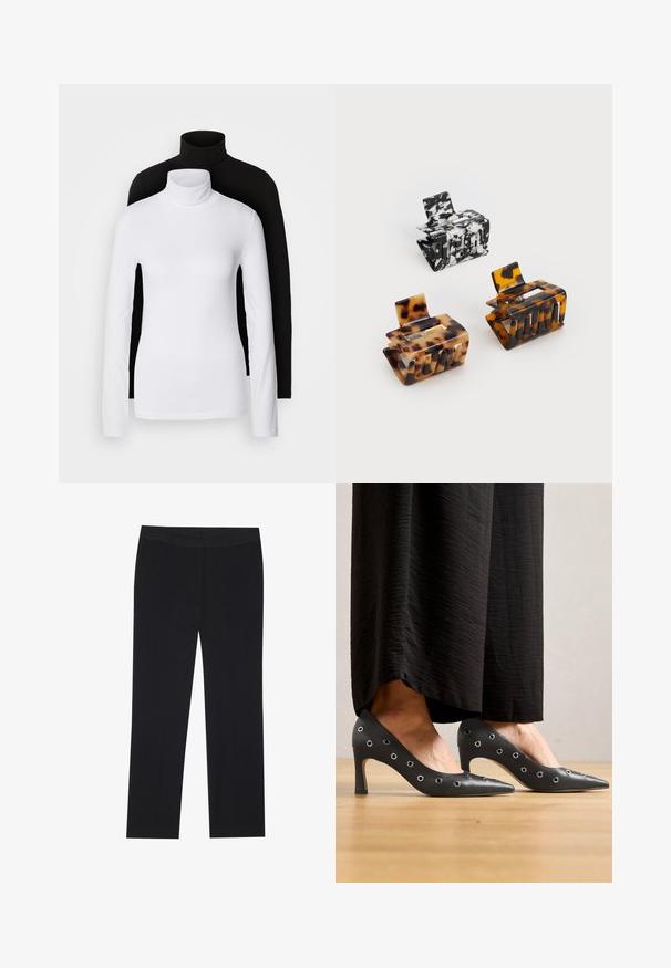 Duas blusas de gola alta de manga longa, uma branca e uma preta, feitas de um tecido liso e elástico, ambas com um design justo e colares altos.; Calças pretas com um design de perna reta, apresentando bolsos laterais e uma textura de tecido suave. Detalhes mínimos, cós limpo.; Sapatos de salto altos em pele preta com um design de bico fino, apresentando detalhes metálicos ao longo dos lados e um salto stiletto slim.; Três ganchos de cabelo: um em mármore preto e branco, dois em padrão tartaruga nas tonalidades castanha e preta, todos feitos de plástico brilhante com um acabamento texturizado.