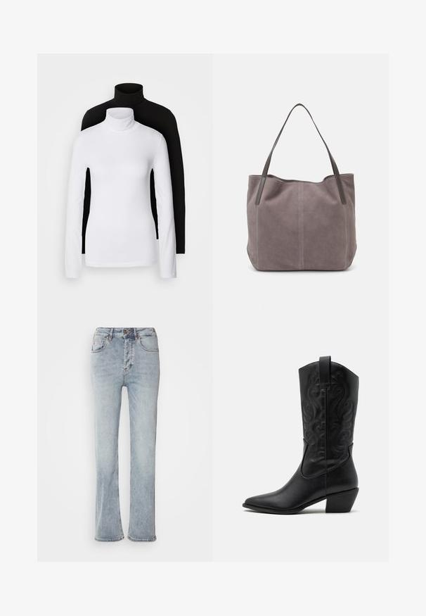 Two long-sleeve turtleneck tops, one white and one black, made of a smooth, stretchy fabric, both featuring slim-fitting design and high collars.; Light blue denim jeans with a high waist, straight leg design, and a slight flare at the hem. Features stitching accents and a zip fly.; Black leather cowboy boot with pointed toe, embossed swirling patterns, and a mid-height heel. Features a pull tab for easy wear.; Gray suede tote bag with two dark leather handles. Features stitched detailing on the sides, soft texture, and a spacious opening.