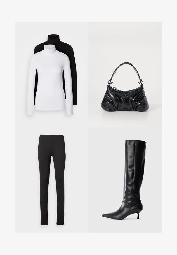 Dvě dlouhé rolákové topy, jeden bílý a jeden černý, vyrobené z hladkého, elastického materiálu, oba s přiléhavým střihem a vysokými límci.; Černé legíny vyrobené z elastického materiálu, s přiléhavým střihem a čistými liniemi, bez kapes nebo ozdob.; Černé kožené vysoké boty po kolena s špičatou špičkou a štíhlým zakřiveným podpatkem. Hladký povrch, přiléhavý design a žádné viditelné kování nebo vzory.; Černá kabelka vyrobená z texturované kůže s kulatým tvarem. Obsahuje tenký ramenní popruh a dekorativní reliéfní vzory.