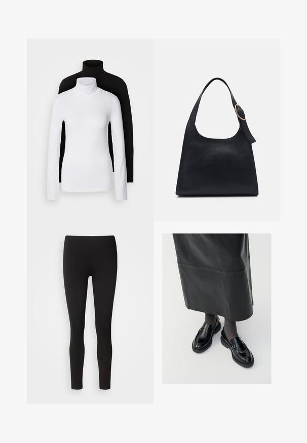 Két hosszú ujjú garbó felső, az egyik fehér, a másik fekete, sima, rugalmas anyagból készült, mindkettő karcsú szabású és magas nyakú.; Fekete leggings, rugalmas anyagból készült, varrat nélküli derékkal, testhezálló dizájnnal és sima textúrával, különféle tevékenységekhez alkalmas.; Fekete bőr loafer cipők sima felülettel, díszítő pánttal, kerek orral és texturált talppal. Hosszú fekete bőr szoknyával viselve.; Fekete bőr táska sima textúrával, kerek formával és egyetlen vállpánttal, amely kör alakú, arany színű díszítéssel rendelkezik.