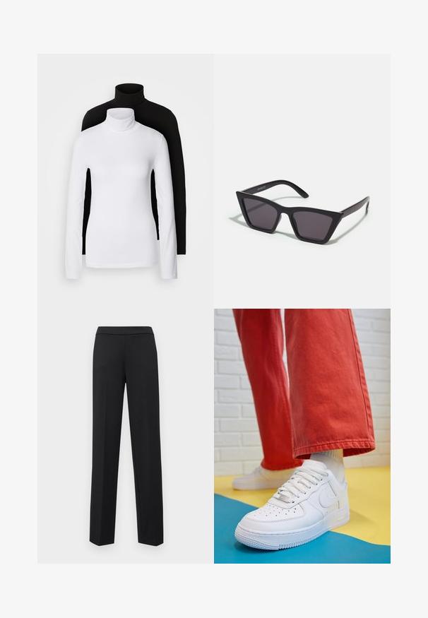 Duas blusas de gola alta de manga longa, uma branca e uma preta, feitas de um tecido liso e elástico, ambas com um design justo e colares altos.; ONLY ONLPEACH LIFE PULL UP PANT - Calças - black; Sapatilha de couro branca com biqueira perfurada, sola texturizada e atacadores brancos, combinada com calças largas vermelhas e um fundo azul e amarelo.; Óculos de sol pretos, angulares, com lentes cinzas; feitos de plástico, apresentando hastes grossas com uma superfície lisa e sem hardware visível.; Brincos em argola dourados com um acabamento liso e brilhante. Design circular com um pequeno pino e suporte transparente para um uso seguro.