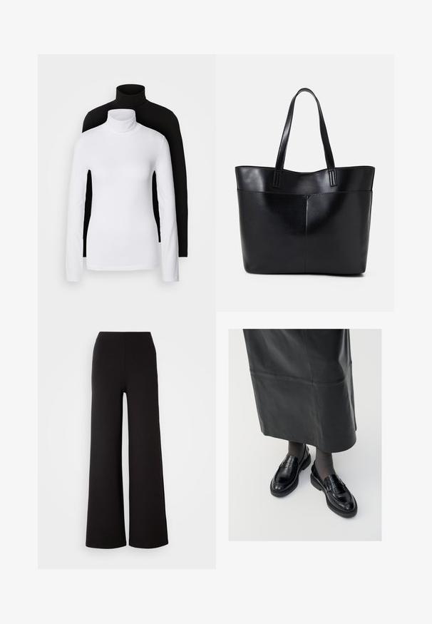 Dvije majice s dugim rukavima i visokim ovratnicima, jedna bijela i jedna crna, izrađene su od glatkog, rastezljivog materijala, a obje imaju uski kroj.; Crne hlače širokog kroja izrađene od mekanog materijala s glatkom teksturom i elastičnom gumicom u struku, s jednostavnim dizajnom bez vidljivih kopčanja.; Crne kožne mokasine s glatkom završnom obradom, s dekorativnom trakicom, okruglim vrhom i teksturiranom potplatom. Nosi se s dugom crnom kožnom suknjom.; Crna kožna torba s dugim ručkama, glatkom teksturom i strukturiranim oblikom. Ima prednju džep za dodatno pohranu.