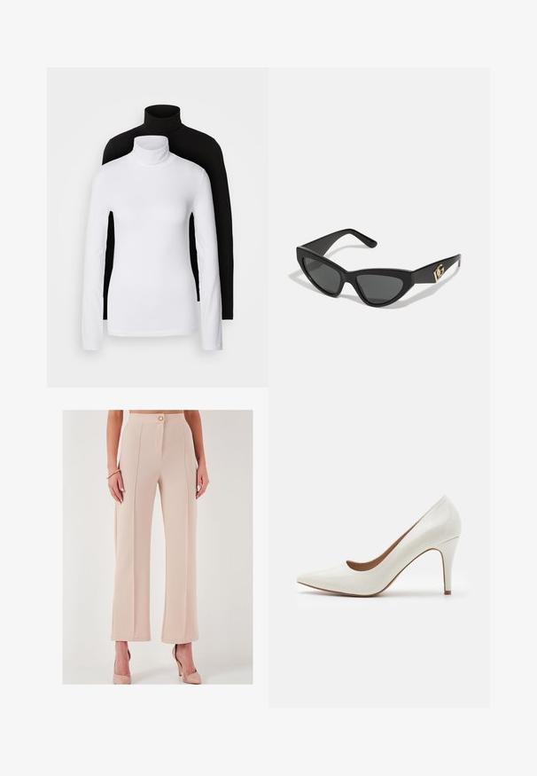 Divi garām piedurknēm turtleneck lielumi, viens balts un otrs melns, izgatavoti no gludas, stiepjamas auduma, abiem ar pieguļošu formu un augstajiem apkaklēm.; Beige augstā jostas līmeņa platā kāju bikses, izgatavotas no teksturēta auduma, ar priekšējo pogu aizdari un sānu kabatām, ar tīru pabeigšanu.; Balti lakoti ādas augstpapēžu kurpes ar smailu purngalu un gludu virsmu, ar plānu papēdi un zemu griezumu ap atveri.; Kaķa acu saulesbrilles ar matētu melnu plastmasas rāmjiem, tumšiem stikliem un zelta logotipa akcentu uz tempļa. Stūrainā forma un gluda tekstūra.; Michaela Korsa rokassomi bez̦ā īšojuma, kas izgatavota no apklāta kanvas, iekļaujot atkārtotu MK logotipa rakstu, zelta aparatūru un noņemamu ķēdes siksnu.