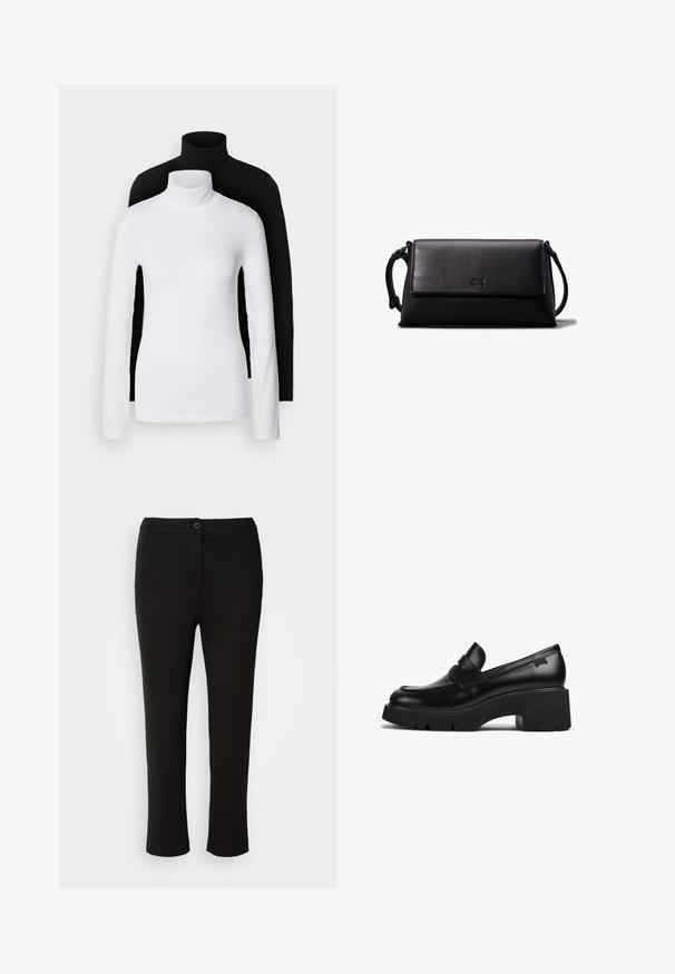 Dva dolge rokave turtleneck majice, ena bela in ena črna, izdelani iz gladkega, raztegljivega materiala, oba imata slim-fit kroj in visoke ovratnike.; Marc O'Polo MEDIUM WAIST SLIM LEG ANKLE LENGTH LOOK - Hlače - black; Črne usnjene molerke s debelim petom in širokim podplatom ter trakom čez zgornji del, prikazane s strani na beli podlagi.; Črna usnjena torbica v obliki pravokotnika, gladke teksture, s ploskim pokrovom in majhnim ročajem na strani. Ima diskreten logotip.