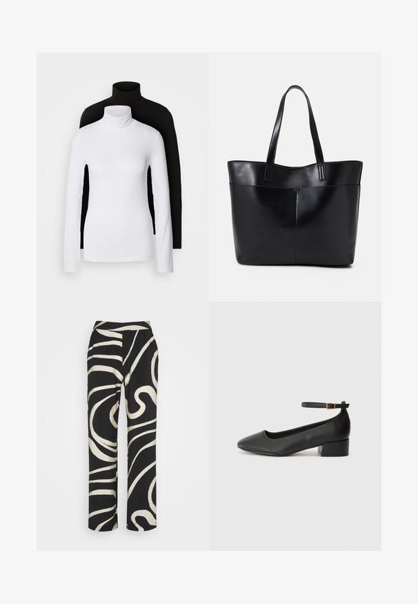Twee lange mouwen turtleneck tops, één wit en één zwart, gemaakt van een gladde, rekbare stof, beide met een slank passend ontwerp en hoge kraag.; Zwarte broek met een hoge tailleband, wijde pijpen en een gedurfde witte abstracte spiraalpatroon. Gemaakt van een gladde, lichte stof.; Zwarte leren pump met een spitse neus en een lage blokhak. Beschikt over een enkelband met een goudkleurige gespsluiting. Gladde textuur.; Zwarte leren tote bag met twee lange handvatten, een zachte textuur en een gestructureerde vorm. Voorzien van een voorvak voor extra opslagruimte.; Zilveren oorbellen in de vorm van een gladde, gepolijste ring. Ronde vorm met een veilige kliksluiting. Lichtgewicht ontwerp, geschikt voor dagelijks gebruik.