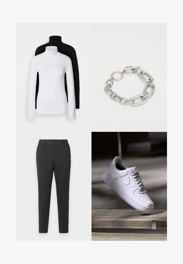 Dvoje dlhých rolákov, jeden biely a jeden čierny, vyrobených z hladkej, elastickej tkaniny, obidva so slim-fit strihom a vysokými goliermi.; Tmavošedé úzke nohavice s pútkami na opasok, bočnými vreckami a zoštíhleným strihom na svetlom pozadí.; Biele tenisky Nike Air Force 1 vznášajúce sa nad betónovým povrchom so tieňmi v minimalistickom prostredí.; Strieborný reťazový náramok s prepojenými oválnymi a obdĺžnikovými článkami, s uzatváraním na otočný klip a pripevniteľným guľatým príveskom. Hladká textura.