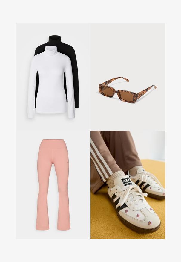 Două bluze cu mânecă lungă și guler înalt, una albă și una neagră, realizate dintr-un material neted și elastic, ambele având un design slim-fit.; Pantaloni de exerciții evazați dintr-un material moale de culoare roz deschis, cu un talie înaltă și o textură netedă, având cusături minime și detalii cu logo pe lateral.; Adidași din piele albă cu trei dungi negre și broderie florală în nuanțe de mov și galben. Talpă din cauciuc marron. Asortați cu șosete bej cu dungi.; Ochelari de soare cu rama țestoasă, cu lentile rectangulare maro, o ramă groasă și brațe subțiri, prezentând un model cu nuanțe variate de maro.