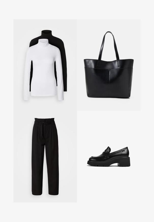 Divi garām piedurknēm turtleneck lielumi, viens balts un otrs melns, izgatavoti no gludas, stiepjamas auduma, abiem ar pieguļošu formu un augstajiem apkaklēm.; Melni augstie bikses ar platu kāju, nodrošināti ar priekšējiem krokām un auduma jostu ar apļu sprādzi. Gluda tekstūra un pielāgota piegrieztne.; Melnas ādas chunky papēža loafers ar biezu zoli un siksniņas detaļu pāri augšai, attēlots no sāna uz baltas fona.; Melnas ādas iepirkumu soma ar divām garām rokturām, gludu tekstūru un strukturētu formu. Iekļauj priekšējo kabatu papildu uzglabāšanai.