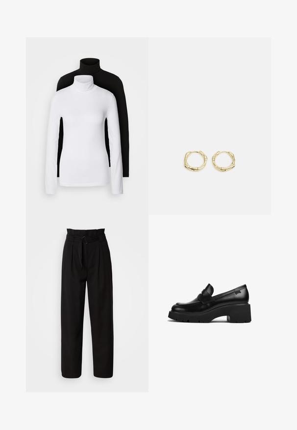 Dvě dlouhé rolákové topy, jeden bílý a jeden černý, vyrobené z hladkého, elastického materiálu, oba s přiléhavým střihem a vysokými límci.; Černé kalhoty s vysokým pasem a širokým střihem, s předními skladbami a látkovým páskem s kulatou sponou. Hladká textura a přesný střih.; Černý kožený mokasín s robustním podpatkem a silnou podrážkou, s páskovým detailem přes horní část, zobrazený z boku na bílém pozadí.; Zlaté kruhové náušnice s texturovaným, nepravidelným tvarem. Disponují bezproblémovým uzávěrem a leštěným povrchem, což zdůrazňuje moderní design.
