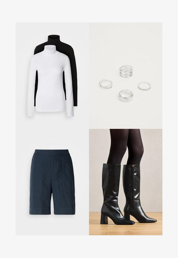 Deux tops à manches longues en col roulé, l'un blanc et l'autre noir, fabriqués dans un tissu lisse et extensible, tous deux dotés d'une coupe ajustée et de cols hauts.; Shorts bleu marine en tissu léger, avec une coupe droite, deux poches avant et des détails de couture subtils.; Bottes en cuir noir jusqu'aux genoux avec une finition brillante, bout pointu et talon épais. Détail de fermeture éclair sur le côté pour un enfilage facile.; Quatre bagues en argent de designs variés : bande torsadée, courbes superposées, cristaux délicats et une bande lisse avec de petits accents.