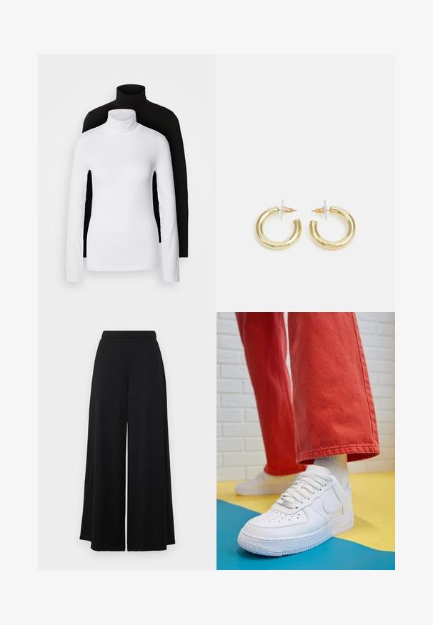 Două bluze cu mânecă lungă și guler înalt, una albă și una neagră, realizate dintr-un material neted și elastic, ambele având un design slim-fit.; Pantaloni negri evazați cu talie plată. Confecționați dintr-un material fin și ușor, având o siluetă fluidă. Fără buzunare sau embellishments.; Tenis alb din piele cu fanta pe vârful piciorului, talpă texturată și șireturi albe, purtat cu pantaloni larga roșii și un fundal albastru și galben.; Cercei cercuri din aur cu un finisaj neted și strălucitor. Design circular cu un mic suport și un spate transparent pentru o purtare sigură.