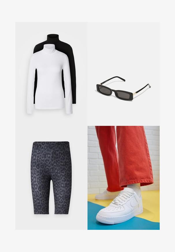 Divi garām piedurknēm turtleneck lielumi, viens balts un otrs melns, izgatavoti no gludas, stiepjamas auduma, abiem ar pieguļošu formu un augstajiem apkaklēm.; Melni šorti ar leoparda rakstu, kas veidots dažādos pelēkos toņos. Izgatavoti no mīksta, elastīga auduma ar gludu tekstūru.; Baltās ādas kedas ar perforētu purngalu, teksturētu zoli un baltām auklām, apvienotas ar platām sarkanām biksēm un zilu un dzeltenu fona.; Melnas taisnstūra saulesbrilles ar tumšiem objektīviem, spīdīgām plastikāta rāmēm un zelta akcentiem tempļos. Minimalistisks dizains un eleganta forma.; Zelta auskari ar gludu, spīdīgu apdari. Apaļš dizains, kas ietver mazu tapu un caurspīdīgu pamatni drošai valkāšanai.