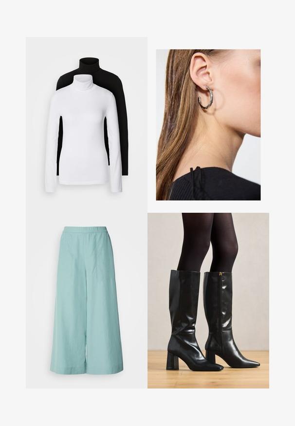 Due maglie a manica lunga con collo alto, una bianca e una nera, realizzate in un tessuto morbido e elasticizzato, entrambe con un design aderente e colli alti.; Pantaloni a gamba larga di colore aqua realizzati in tessuto leggero, con cintura elasticizzata e dettagli di cucitura puliti e minimali.; Stivali in pelle nera alti fino al ginocchio con finitura lucida, punta affusolata e tacco largo. Dettaglio con zip laterale per una facile calzata.; Orecchino a cerchio in argento con finitura lucida, caratterizzato da piccoli dettagli in oro e una forma tondeggiante, indossato sul lobo.