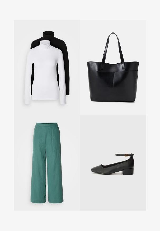 Två långärmade polotröjor, en vit och en svart, tillverkade av ett mjukt, elastiskt material, båda med en slim-fit design och höga kragar.; Breda byxor i en enhetlig teal-färg, med ett elastiskt midjeband och ett lätt, strukturerat tyg. Lämpliga för avslappnad användning.; Svart läderpump med spetsig tå och en låg klack. Har en ankelsnodd med en guldtonad spänne. Slät textur.; Svart läder tote-väska med två långa handtag, en slät yta och en strukturerad form. Har en framficka för extra förvaring.