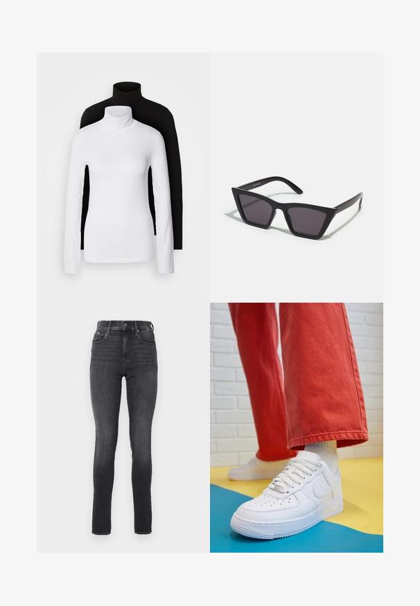 Duas blusas de gola alta de manga longa, uma branca e uma preta, feitas de um tecido liso e elástico, ambas com um design justo e colares altos.; Jeans skinny de cintura alta em denim cinza escuro, com uma textura suave, apresentam bolsos frontais e um fecho de botão metálico na cintura.; Sapatilha de couro branca com biqueira perfurada, sola texturizada e atacadores brancos, combinada com calças largas vermelhas e um fundo azul e amarelo.; Óculos de sol pretos, angulares, com lentes cinzas; feitos de plástico, apresentando hastes grossas com uma superfície lisa e sem hardware visível.