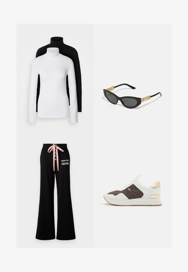 Dvě dlouhé rolákové topy, jeden bílý a jeden černý, vyrobené z hladkého, elastického materiálu, oba s přiléhavým střihem a vysokými límci.; Černé široké kalhoty z měkké tkaniny, s růžovou stuhou na zavázání v pase a logem Versace Jeans Couture na přední straně.; Bílé tenisky s hnědým vzorovaným textilním panelem, zlatými kovovými akcenty, kulatou špičkou, šněrovacím designem a texturovanou gumovou podrážkou.; Černé sluneční brýle ve stylu kočičích očí s tmavými skly, se zlatými geometrickými akcenty na stranicích a elegantním matným povrchem.; Hnědá kožená crossbody taška s logem, zlatým řetízkem, zipovým uzávěrem a zlatými akcenty. Kompaktní a obdélníkový tvar.