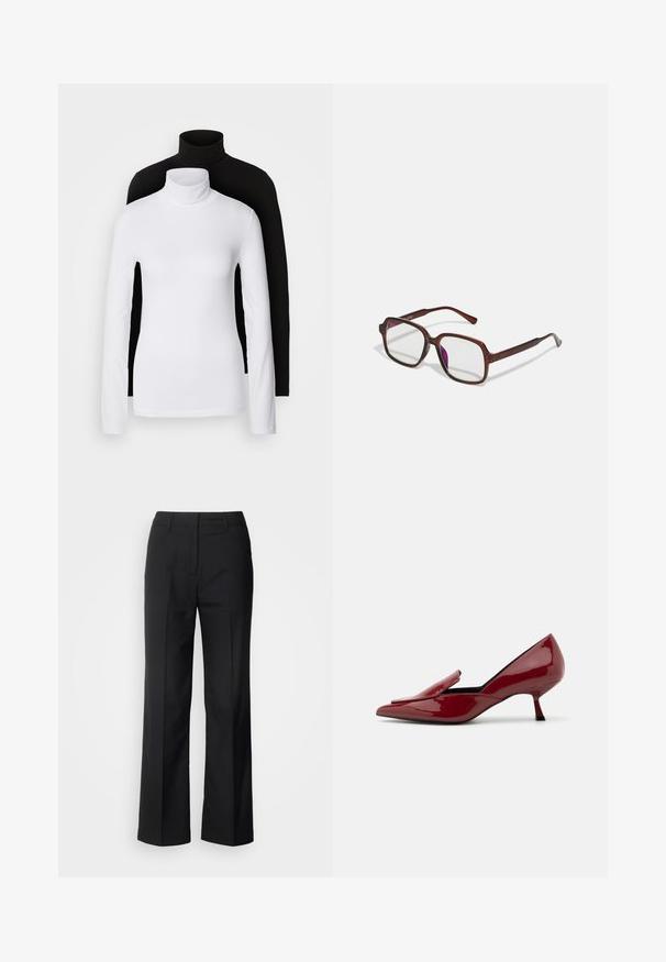 Două bluze cu mânecă lungă și guler înalt, una albă și una neagră, realizate dintr-un material neted și elastic, ambele având un design slim-fit.; Scotch & Soda CORE EDIE - Pantaloni - black; Pantofi cu toc din piele veritabilă roșie, cu vârful ascuțit, design slip-on și toc stiletto mic. Textură netedă cu o siluetă elegantă.; Ochelari de vedere dreptunghiulari, maro, cu lentile transparente și nuanțe de violet. Cadru din plastic neted cu brațe drepte și accente subtile.