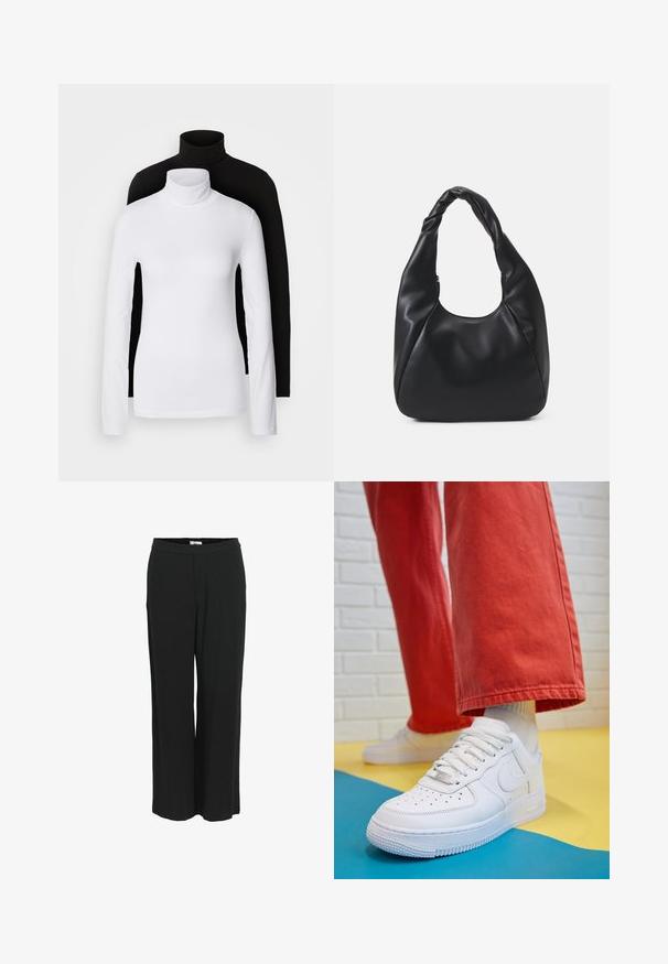Two long-sleeve turtleneck tops, one white and one black, made of a smooth, stretchy fabric, both featuring slim-fitting design and high collars.; Wide-leg, black pants made of a lightweight fabric. Features an elastic waistband and smooth texture. No pockets or visible patterns.; White leather sneaker with perforated toe box, textured sole, and white laces, paired with wide red pants and a blue and yellow background.; Black hobo bag made of smooth leather-like material with a twisted handle, featuring a soft, rounded shape and a top zipper closure.