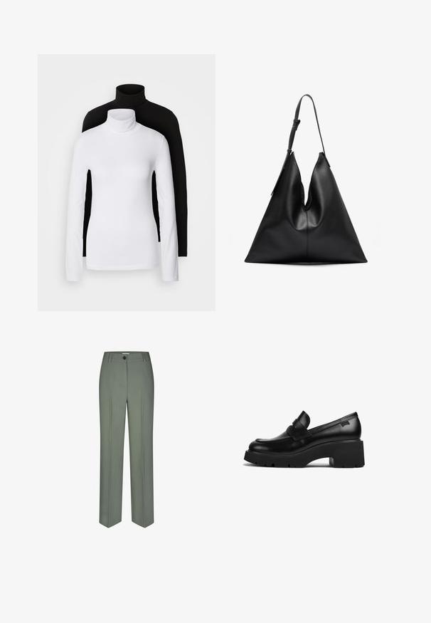 Zwei langärmelige Rollkragenoberteile, eines weiß und eines schwarz, aus einem glatten, dehnbaren Stoff, beide mit schmalem Schnitt und hohem Kragen.; Maßgeschneiderte grüne Hosen aus glattem Stoff, mit geradem Bein, vorderen Falten und einem einzelnen Knopfverschluss.; Schwarze Leder-Loefer mit klobigem Absatz, dicker Sohle und einem Riemen über der Oberseite, seitlich auf einem weißen Hintergrund gezeigt.; Schwarze Leder-Taschen mit dreieckiger Form, einem verstellbaren Schultergurt und einer weichen, leicht durchhängenden Struktur.