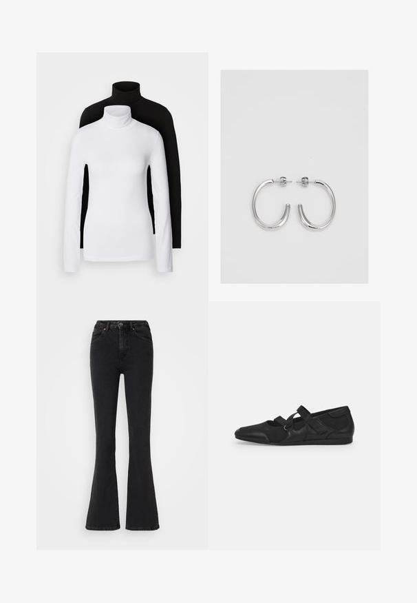 Due maglie a manica lunga con collo alto, una bianca e una nera, realizzate in un tessuto morbido e elasticizzato, entrambe con un design aderente e colli alti.; Jeans neri a campana con vita alta, realizzati in denim. Presentano cinque tasche, chiusura con zip frontale e cuciture a contrasto. Texture liscia.; Scarpe nere senza tacco con una parte superiore morbida e testurizzata, dotate di due cinturini regolabili e un design a punta arrotondata, montate su una suola piatta in gomma.; Orecchini a cerchio in argento con una finitura liscia e lucente. Forma arrotondata, design leggero, con chiusura a perno.