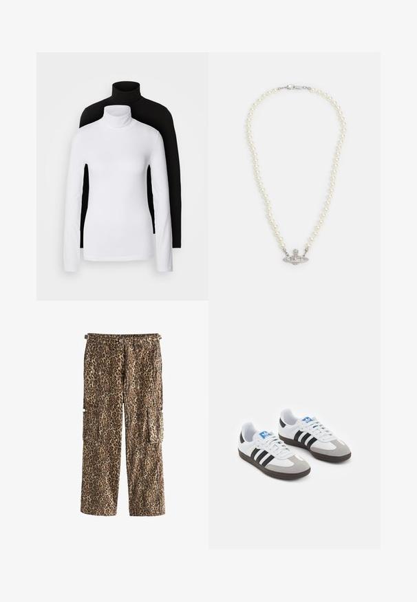 Zwei langärmelige Rollkragenoberteile, eines weiß und eines schwarz, aus einem glatten, dehnbaren Stoff, beide mit schmalem Schnitt und hohem Kragen.; Leopardenmuster Cargo-Hosen aus einem Stoff mit strukturiertem Finish, ausgestattet mit zwei Seitentaschen und einem geraden Bein-Schnitt sowie einem Taillenbund-Detail.; Sportschuhe mit einem Obermaterial aus weißem Leder, grauer Wildleder-Zehenkappe und drei schwarzen Streifen. Sie verfügen über ein blaues Logo auf der Zunge und eine strukturierte Gummisohle.; Perlenhalskette mit einem silberfarbenen Verschluss. Sie zeichnet sich durch runde weiße Perlen und ein dekoratives, mit Strasssteinen besetztes Mittelstück aus.