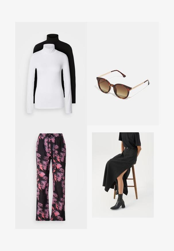 Divi garām piedurknēm turtleneck lielumi, viens balts un otrs melns, izgatavoti no gludas, stiepjamas auduma, abiem ar pieguļošu formu un augstajiem apkaklēm.; Lollys Laundry PANTS - Auduma bikses - blue/pink; Melna lina maxi svārki ar augstu šķēlumu, valkāti ar melnu T-kreklu un melniem potīšu zābakiem. Minimālistisks dizains ar brīvu piegriezumu.; Bramuļu saulesbrilles ar gradienta brūnajiem stikliem, noapaļota forma un zeltaini metāla akcenti uz tempļiem.