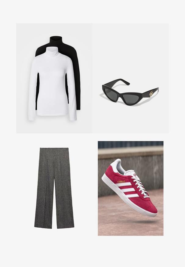 Twee lange mouwen turtleneck tops, één wit en één zwart, gemaakt van een gladde, rekbare stof, beide met een slank passend ontwerp en hoge kraag.; Mango Broek - black; Rode suède sportieve schoenen met witte leren strepen. Kenmerkt zich door gouden "Gazelle" branding en een getextureerde rubberen zool. Klassiek ontwerp.; Cat-eye zonnebrillen met een matte zwart plastic frame, donkere lenzen en een gouden logo-accent op de poot. Hoekig ontwerp en een soepele textuur.